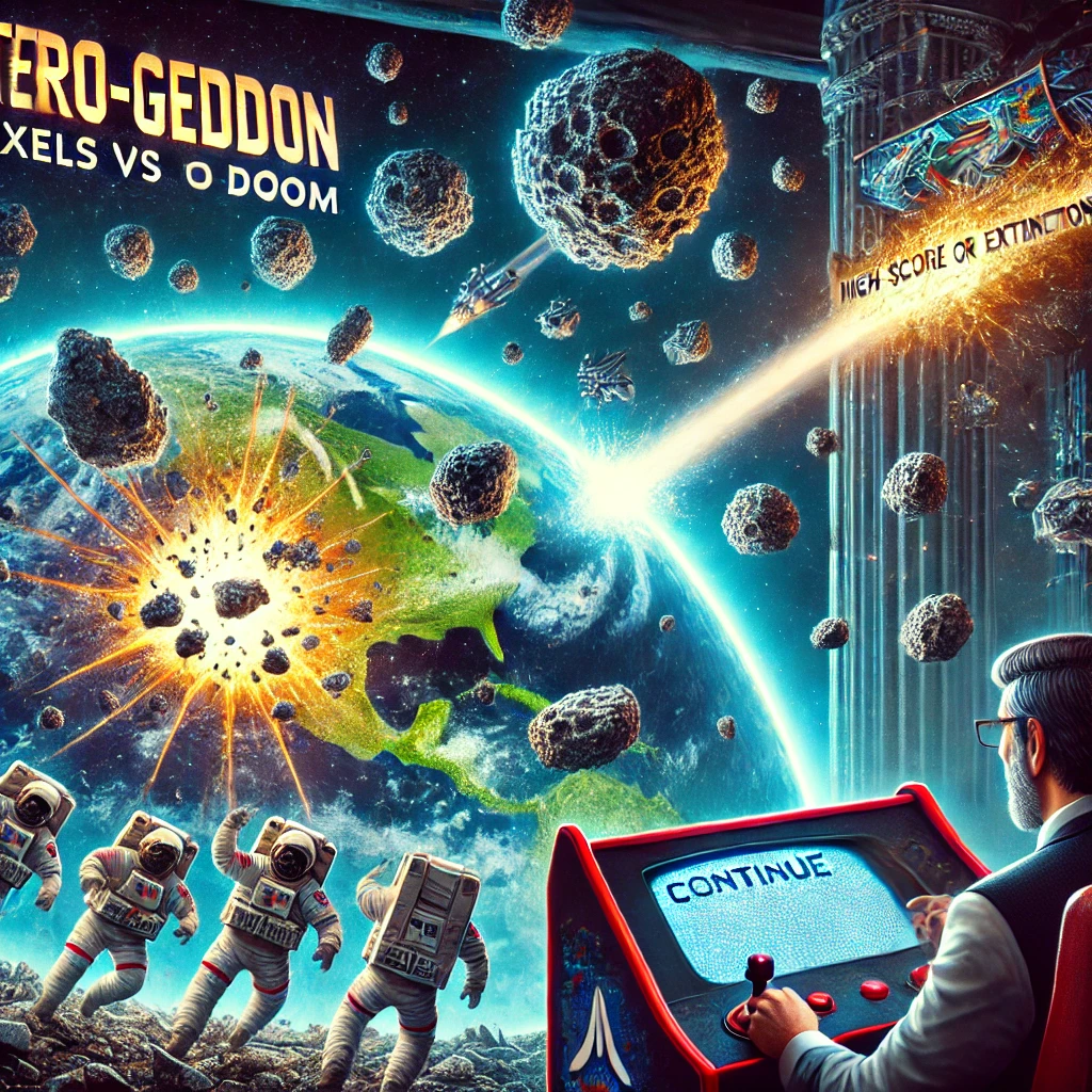 An AI generated image of a man using an arcade controller to defend earth from asteroids